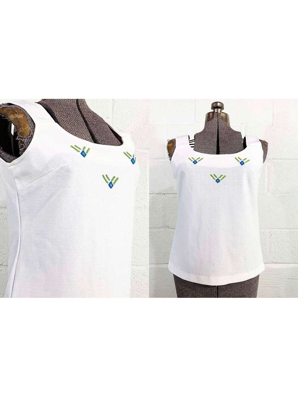 Sleeveless Top Shirt White Shell Tank Embroidered 1970s 1960s Small Medium